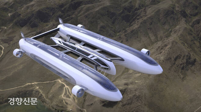 이탈리아 설계업체 라자리니 디자인 스튜디오가 선보인 ‘에어 요트’ 콘셉트 디자인. 양쪽에 달린 방망이 형태의 동체에 헬륨을 가득 채운 뒤 하늘을 시속 110㎞로 비행할 수 있다. 라자리니 디자인 스튜디오 제공