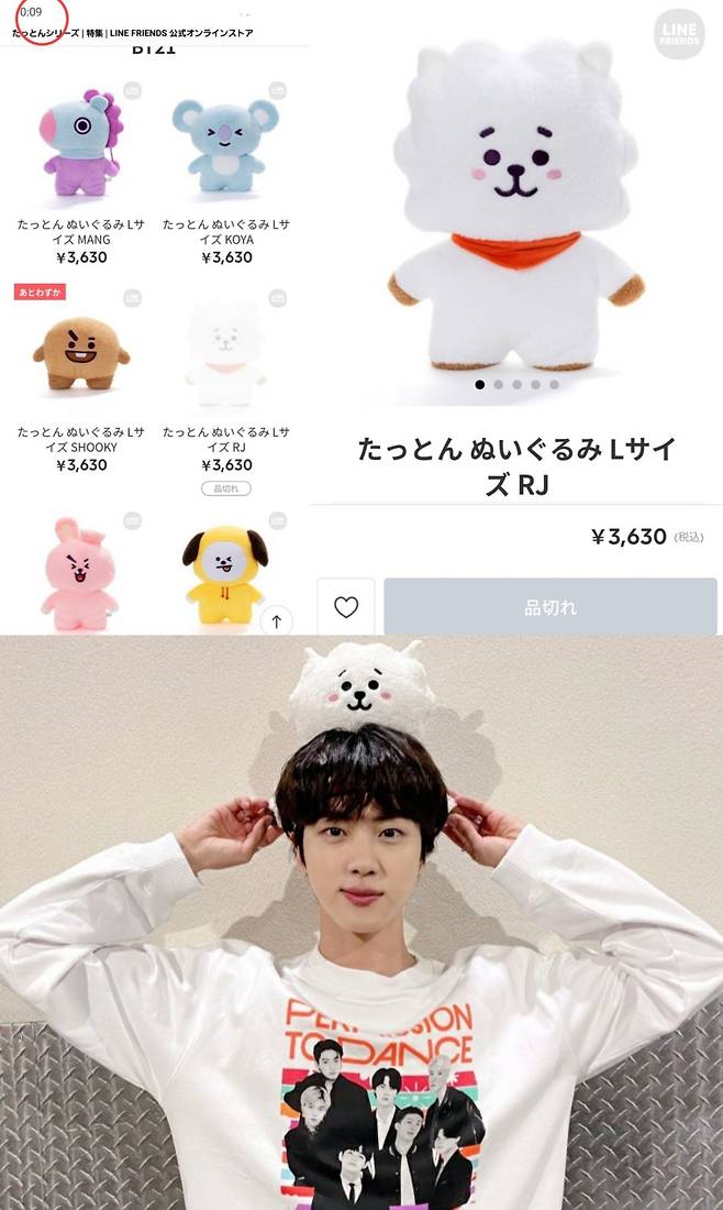 슈퍼스타 부전자전..방탄소년단 진 BT21 알제이 품절, 또 품절