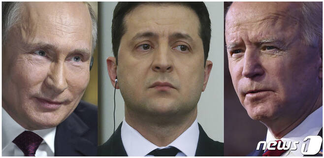 왼쪽부터 블라디미르 푸틴 러시아 대통령, 볼로디미르 젤렌스키 우크라이나 대통령, 조 바이든 미국 대통령. 2022.01.20/news1 © AFP=뉴스1 © News1 김민수 기자