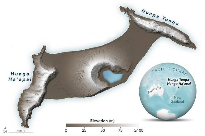 최근 화산 분화가 있기 전 훙가 통가-훙가 하파이 섬의 그래픽. 사진=NASA