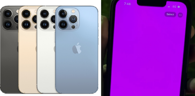 아이폰13 일부 모델에서 화면이 분홍색으로 변하는 문제가 발생했다 / 사진 = 애플 공식홈페이지, 나인투파이브맥 홈페이지 캡처