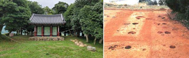숲으로 둘러싸인 장보고 사당(왼쪽 사진). 해신제를 지내는 곳으로 옆에 일대에서 수습된 주초들이 보인다. 오른쪽은 사당 옆 굴립주(堀立柱) 건물터로 구덩이는 기둥 자리다.