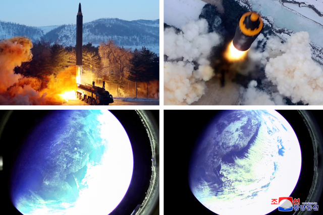 북한이 지난 1월 30일 감행한 중거리탄도미사일(IRBM) ‘화성-12형’의 발사장면(상단 사진 2장)과 우주에서 찍은 것으로 보이는 지구 사진(하단 2장)/ 조선중앙통신·연합뉴스