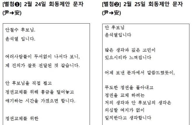 국민의힘이 공개한 윤석열 후보의 문자 메시지 내용.