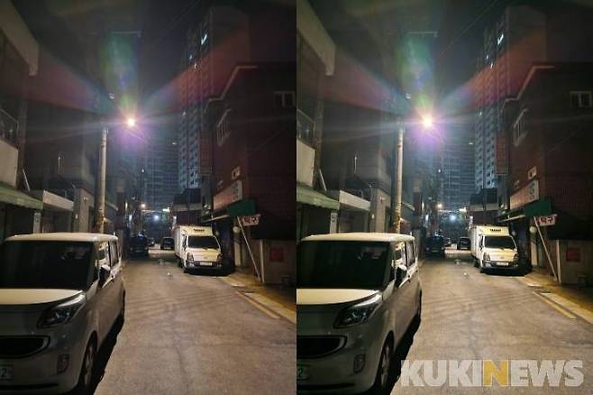 갤럭시 S22 울트라 야간모드(왼쪽) 사진과 리마스터를 거친 사진(오른쪽). 오른쪽 사진이 좀 더 환해지고 왼쪽 차량 전면부가 더 선명하게 보인다. 송금종 기자