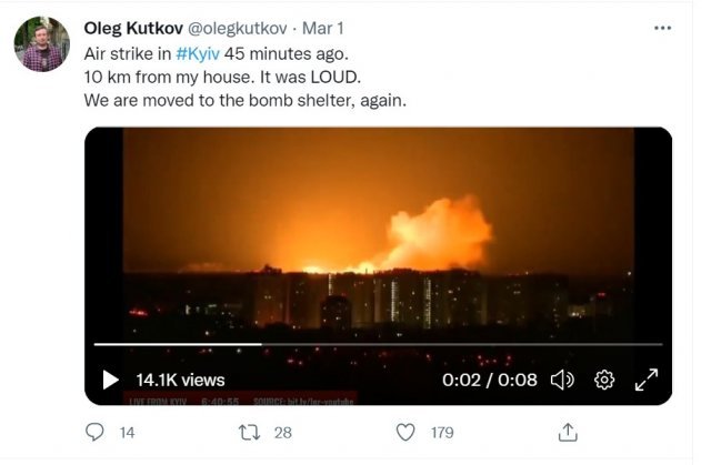 올레그 쿠트코브는 1일(현지시간) 트위터를 통해 키이우 상황을 전달했다. 트위터 캡처