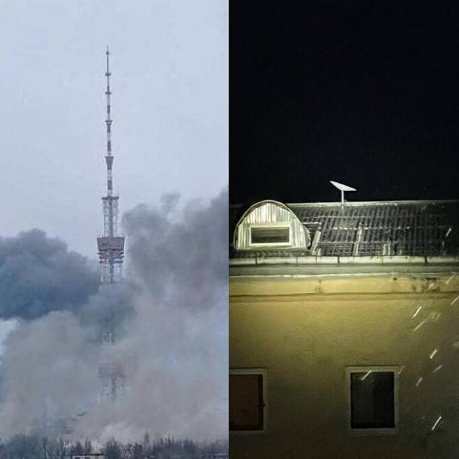 왼쪽은 파괴된 우크라이나의 통신 시설, 오른쪽은 스타링크 위성접시. 미하일로 표도로프 장관 트위터에서.