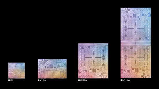 (왼쪽부터) 애플 실리콘의 M1, M1 프로, M1 맥스, M1 울트라. 울트라 컴퓨터칩은 M1 맥스 두 개를 연결해 하나로 만든 것이다. / 사진=애플