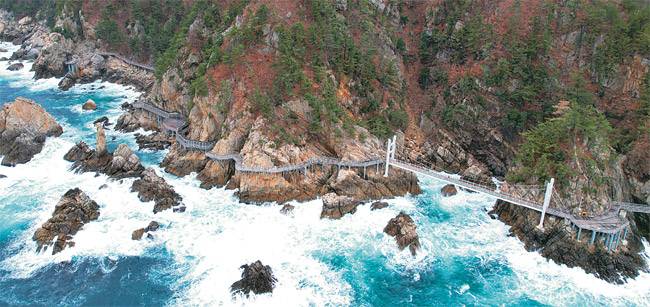 삼척 근덕의 초곡용굴촛대바위길. 해안절벽에 잔도처럼 매달아 놓은 길 위에서 기기묘묘한 기암을 볼 수 있다.