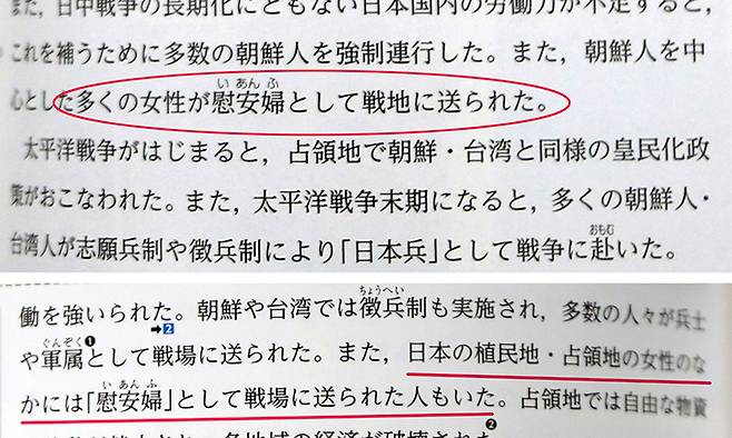 일본 문부과학성에 검정을 위해 제출된 일본 고교 교과서에 "많은 여성이 위안부로서 전지에 보내졌다"(붉은 원, 다이이치가쿠슈사 일본사탐구), "일본의 식민지·점령지 여성 중에는 '위안부'로서 전장에 보내진 사람도 있었다"(붉은 밑중, 짓쿄출판 세계사탐구)는 설명이 실렸다. 연합뉴스