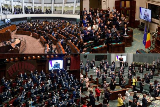 세계 각국 의회에서 진행된 젤렌스키 우크라이나 대통령의 연설 후 의원들이 기립박수를 치는 모습. (왼쪽 위부터 시계방향으로) 4월8일 핀란드, 3월31일 벨기에, 3월31일 호주, 3월22일 이탈리아 의회. /사진=EPA 연합뉴스