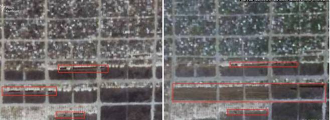 위성으로 촬영한 스타리 크림 집단 매장지의 모습. 왼쪽은 지난달 24일, 오른쪽은 지난 24일로 매장지가 늘어난 것이 보인다.