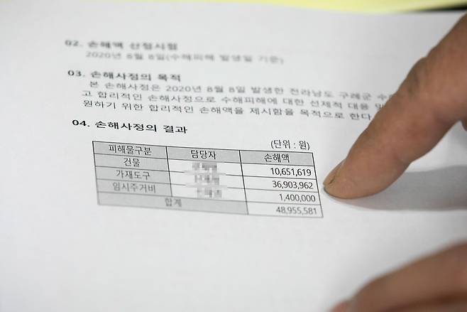 구례군의 한 주민이 손해사정 평가보고서를 보여주며 문제를 지적하고 있다. ⓒ시사IN 이명익