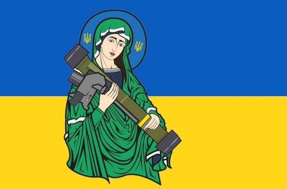 우크라이나 네티즌들이 공유 중인 '성스러운 재블린 미사일' 밈(meme·인터넷 유행 콘텐트). [트위터 캡처]