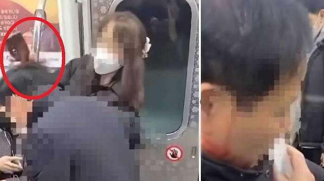지난 3월 16일 지하철 9호선 열차 안에서 휴대폰으로 피해자의 머리를 수차례 폭행한 A 씨. (사진=유튜브 채널 'BMW' 캡처)