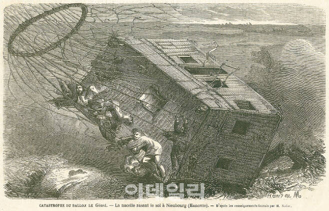 앙리 드 몽토의 ‘거인호의 사고’(1863). 펠릭스 나다르의 ‘꿈의 결정체’라 할 열기구 거인호가 운행 중 돌풍을 만나 바닥으로 곤두박칠치던 장면을 묘사한 신문삽화.