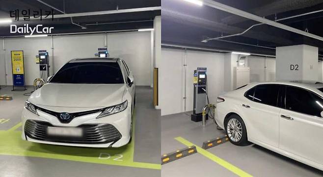 토요타 캠리 하이브리드 차량이 서울 역삼동 센터필드 카카오 전기차 충전소에 주차된 모습. 해당 장면은 전기차 충전방해 행위이지만, 서울 강남구는 이 모습이 불법이 아니라고 판단해 논란이다.