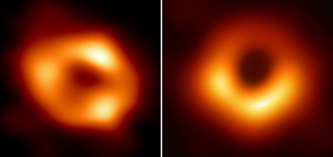 왼쪽은 사건지평선망원경(EHT) 국제공동연구팀이 12일 공개한 우리 은하 중심 궁수자리 A 블랙홀의 모습이다. 2019년 처음 공개된 M87 블랙홀의 영상과 매우 비슷한 형태를 띤다. 사건지평선망원경 연구팀 제공