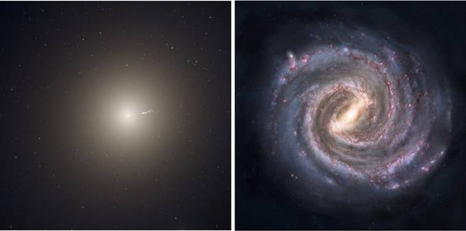 M87블랙홀이 속한 처녀자리 은하(왼쪽)는 대형 타원은하, 우리 은하는 작은 나선은하다. 두 사진은 은하의 상상도다. 미국항공우주국 제공