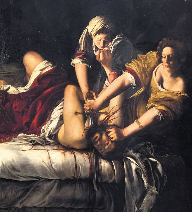 피렌체 우피치 미술관에 소장된 아르테미시아 젠틸레스키의‘홀로페르네스의 목을 치는 유디트’. 유대민족의 구원자 유디트를 정의를 실현하는 여성 영웅으로 그렸다. /아트북스