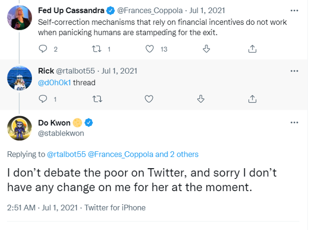 영국 경제학자 프랜시스 코폴라의 비판에 응답하는 도 권(권도형 대표)의 트위터. 현재 트위터에서 권 대표를 비판하는 용도로 다시 유행하고 있다. 트위터 캡처