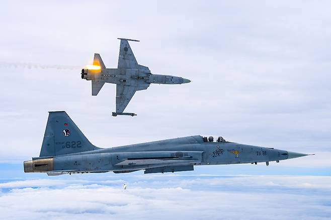 공군 F-5 전투기 편대가 비행훈련을 하고 있다. 공군 제공