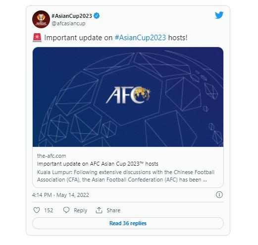 [중국의 2023년 아시안컵 개최권 반납 소식을 전한 AFC. [AFC 트위터. 재판매 및 DB 금지]