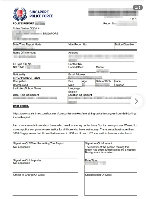 권도형 테라폼랩스 CEO에 대한 조사를 요청한 싱가포르 경찰청 문서 /미국 온라인 커뮤니티 레딧 캡처