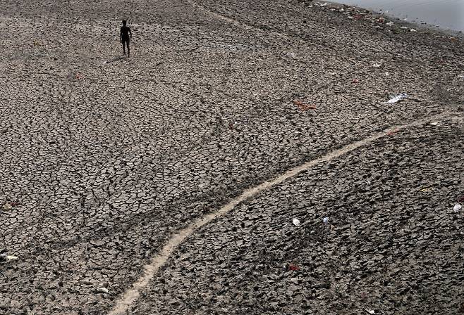 인도 수도 뉴델리의 중심부를 흐르는 야무나강에서 한 남성이 폭염에 말라붙은 강바닥을 걸어가고 있다. 인도는 올해 봄철 최고 기온이 47℃로 기상 관측이 시작된 1901년 이래 최고를 기록하는 등 121년 만의 폭염이 이어지고 있다. (사진=AP, 연합뉴스)