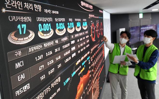 KB국민은행이 국내 은행 최초로 핵심 계정계 시스템을 클라우드 기반으로 전환한다. 종합상황실에서 IT직원이 시스템을 점검하고 있다.