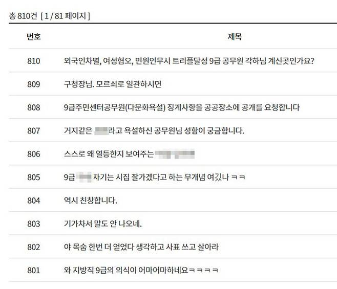 17일 현재 은평구청 홈페이지 게시판에 올라오는 '은평구 막말 9급 공무원' 징계 요구 목소리들. (사진=은평구청 홈페이지 캡처)