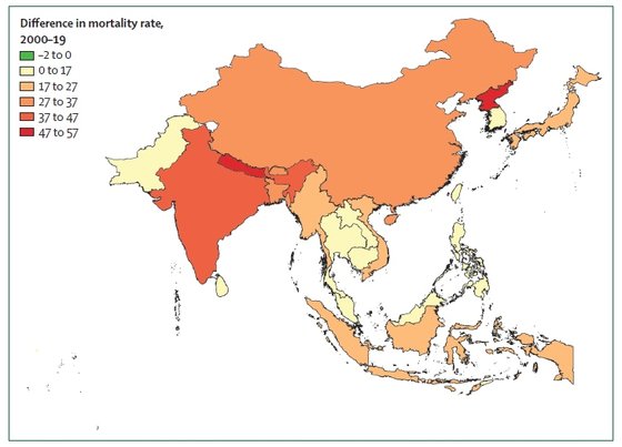 남아시아와 동남아시아 지역의 현대적 오염에 의한 사망률 변화. 2000년과 2019년을 비교한 것으로, 인구 10만 명당 사망자 숫자가 얼마나 증가했는지를 보여준다. 대한민국은 별 차이 없지만, 북한은 20년 동안 10만 명당 50명 정도 증가한 것을 알 수 있다. [자료: Lancet Planet Health, 2022]