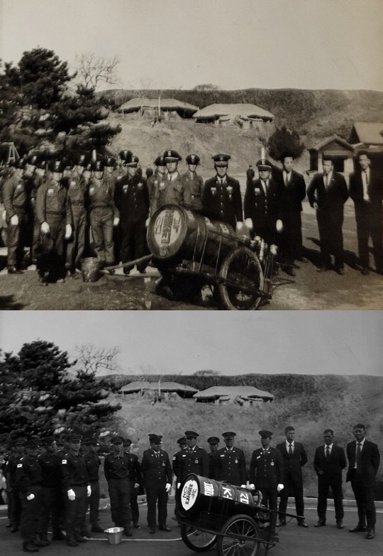 1950년대 리어카소방차 앞에서 찍은 사진(사진 위)과 복원작업 후 기념사진을 찍는 태안소방서 직원들.사진=태안소방서 제공