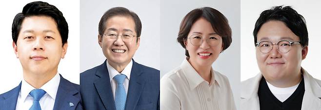 대구시장에 출마한 서재헌(43) 더불어민주당 후보, 홍준표(67) 국민의힘 후보, 한민정(49) 정의당 후보, 신원호(36) 기본소득당 후보.