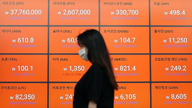 A woman passes by an electronic board showing cryptocurrency prices at Bithumb headquarters in southern Seoul. (Yonhap)