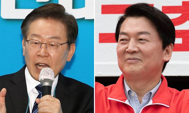 인천 계양을 국회의원 보궐선거에 출마한 더불어민주당 이재명(왼쪽) 총괄선대위원장과 안철수 국민의힘 성남 분당갑 후보. 뉴스1