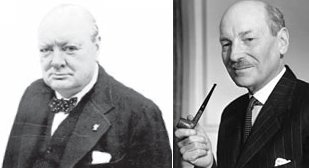 처칠과 애틀리. 영국 보수당과 노동당을 대표했던 두 사람은 1940년부터 1955년까지 총리를 번갈아 맡으며 전쟁 수행과 전후 복구에 매진했다. 둘은 정적이었지만, 2차 대전 중에는 전시 내각을 구성해 협력했다. [중앙포토]