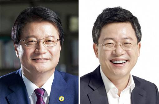 (왼쪽부터) 원창묵 더불어민주당 원주갑 국회의원 후보, 박정하 국민의힘 원주갑 국회의원 후보