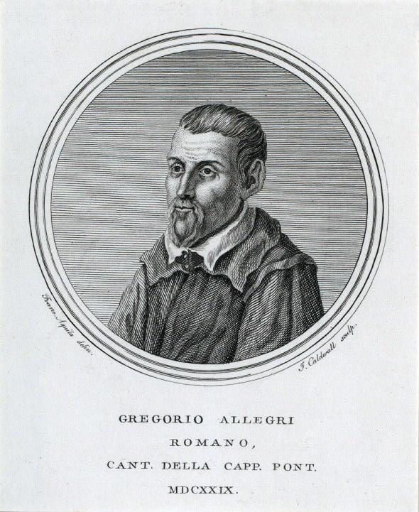 성악가이자 작곡가인 그레고리오 알레그리(Gregorio Allegri, 1582~1652). 그가 작곡한 ‘미제레레 메이’(Miserere mei)는 시스티나 예배당의 금요일 저녁 미사에서 불렸다. 이 곡이 너무도 큰 열광을 불러일으켜 교황이 외부로의 유출을 금했다고 전해진다.