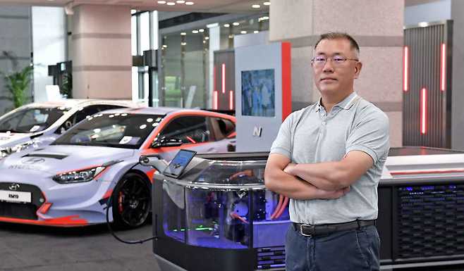 Hyundai Motor Group Chairman Chung Euisun stands in front of a high-end N performance car at the group’s headquarters in southern Seoul. (Hyundai Motor Group)
