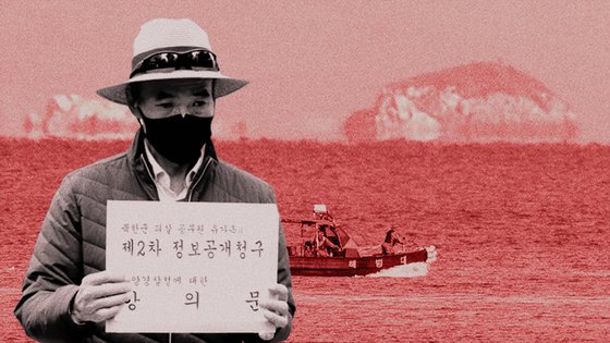 북한에서 피살된 해수부 공무원의 형 이래진씨. 배경은 그의 동생이 실종된 장소인 소연평도 인근 해역. 그래픽=박경민 기자