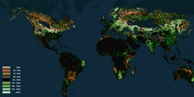 지난 4월 14일 전 세계의 정규 식생 지수(NDVI) 현황. 각 지역의 색상이 평균과 비교한 식물의 생장률을 의미한다. 녹색이 밝아질수록 높은 생장률, 주황색에 가까워질수록 낮은 생장률이다. 북아메리카와 브라질, 러시아, 우크라이나, 남아프리카 등지에서 흉작이 든 것을 알 수 있다. 유엔세계식량계획 제공