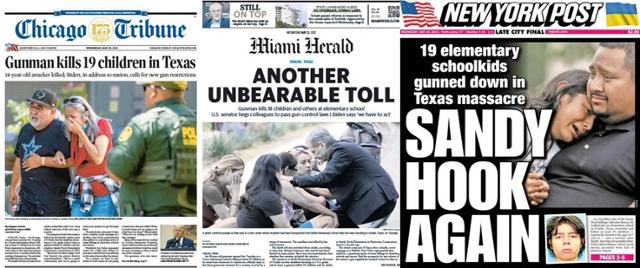 롭 초등학교 총기난사 사건을 전하는 키워드는 '반복'이다. 왼쪽부터 25일자 시카고트리뷴, 마이애미헤럴드, 뉴욕포스트 1면.