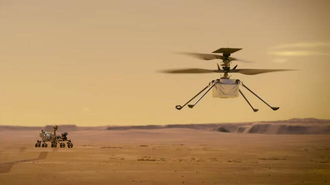 화성 표면 위를 날고있는 인저뉴어티(오른쪽)와 퍼서비어런스로 가상 그래픽이다.