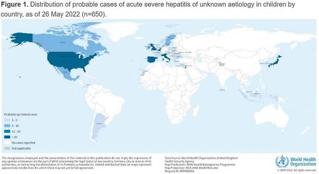 세계보건기구(WHO)에 보고된 원인불명 급성간염 의심 사례 분포를 나타낸 그래픽. 출처=WHO