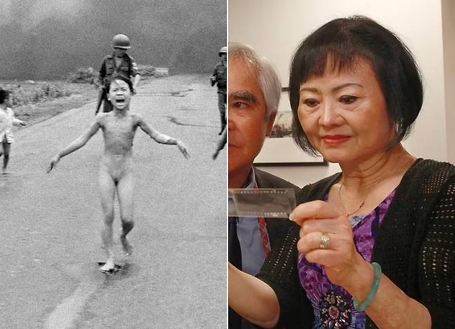 왼쪽은 50년 전 베트남전쟁 당시 네이팜탄 공격을 받고 도망치던 낌푹(당시 9세)의 모습, 오른쪽은 최근 모습