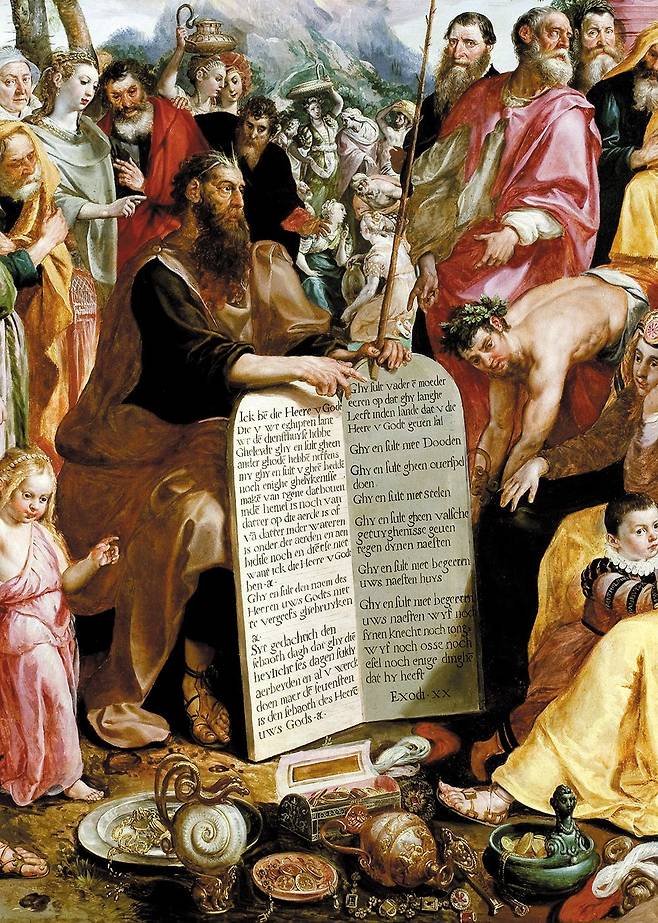 십계명을 보여주는 모세 - 모세가 십계명을 이스라엘 백성에게 보여주는 장면을 묘사한 그림. /위키피디아