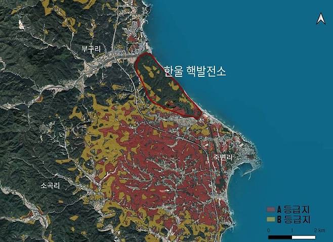 국립산립과학원의 ‘산불 취약 지도’를 보면 한울 원자력발전소 인근 지역은 산불취약지수 A,B 등급의 고위험 지역으로 분류돼 있다. 녹색연합 제공