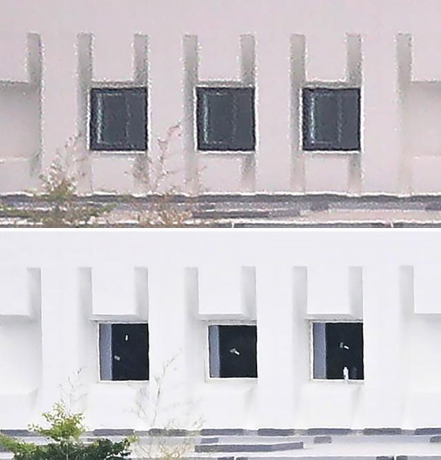 공사 전인 4월 25일 한남동 외교부 장관 공관 창문은 대부분 구식 미닫이형(위 사진)이었다. 20일 촬영한 사진을 보면 폐쇄되지 않은 나머지 창문의 경우 모두 고정형으로 개조돼 있다. 뉴스1·고영권 기자