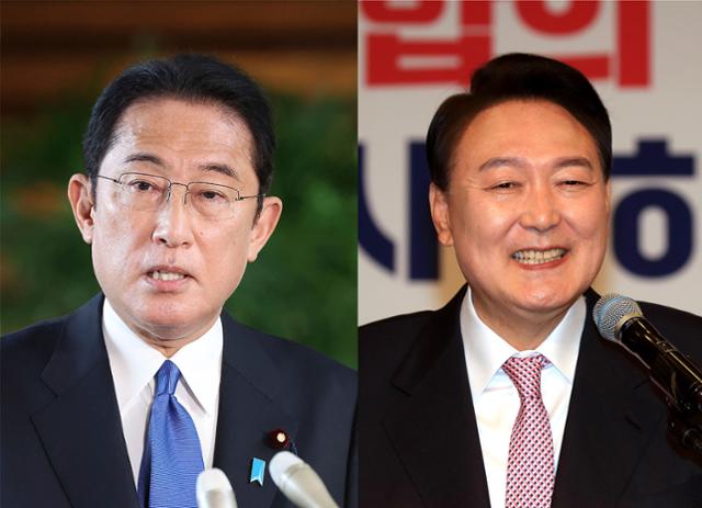 기시다 후미오(왼쪽) 일본 총리와 윤석열 대통령. AFP 연합뉴스, 오대근 기자